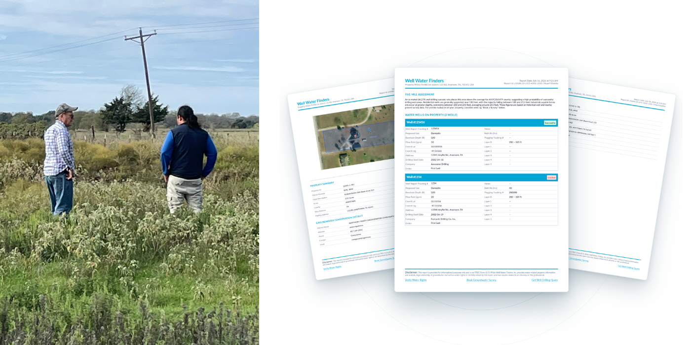 Well Water Finders talking with a Texas landowner in the field, next to an example Texas Property Water Profile report for the new TREC Form 61-0.