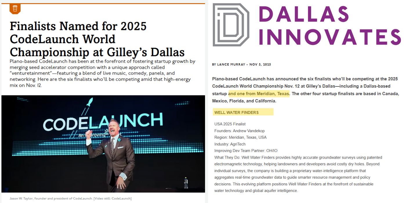 Well Water Finders named 2025 CodeLaunch World Championship finalist, featured by Dallas Innovates
