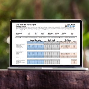 Local Water Well Success Report displayed on a laptop, showing groundwater depth, flow rate, and performance metrics for Texas properties