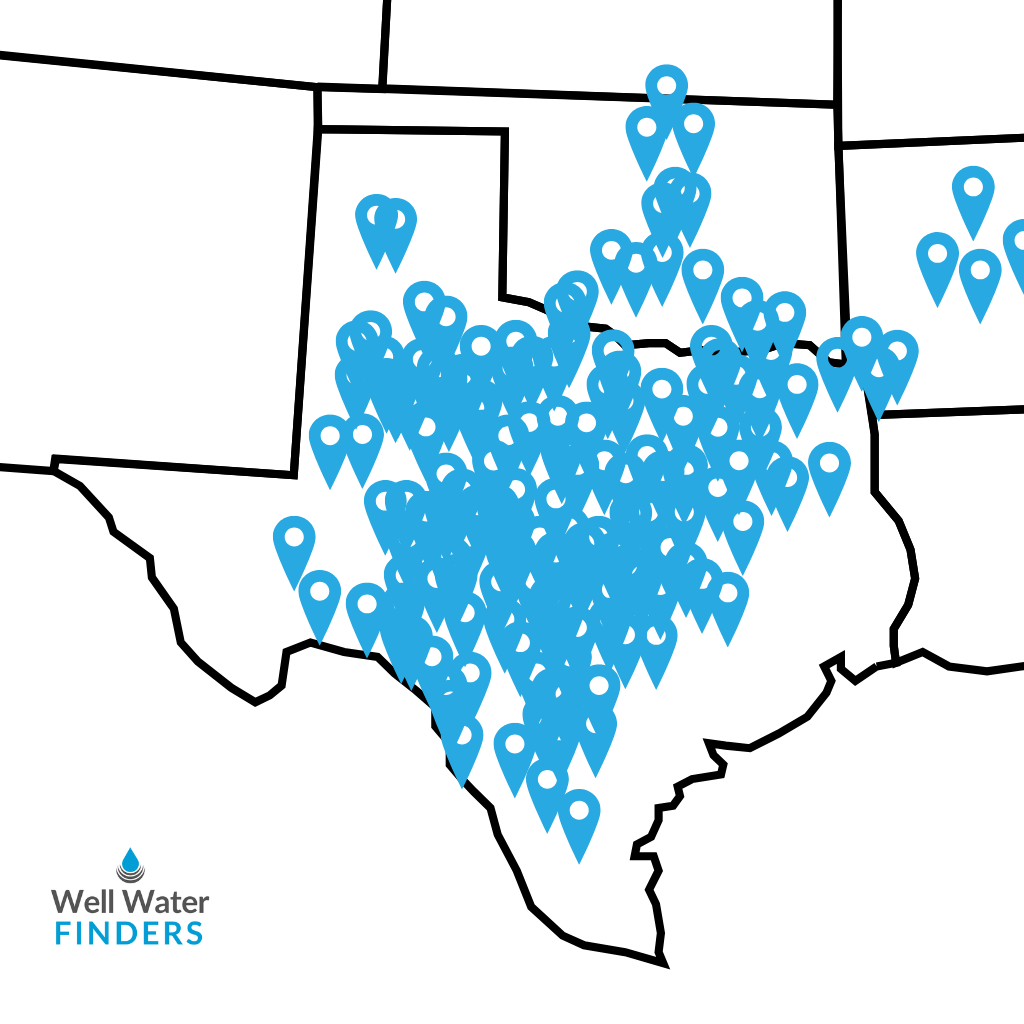 Map of Texas with numerous blue location markers, representing Well Water Finders service locations.