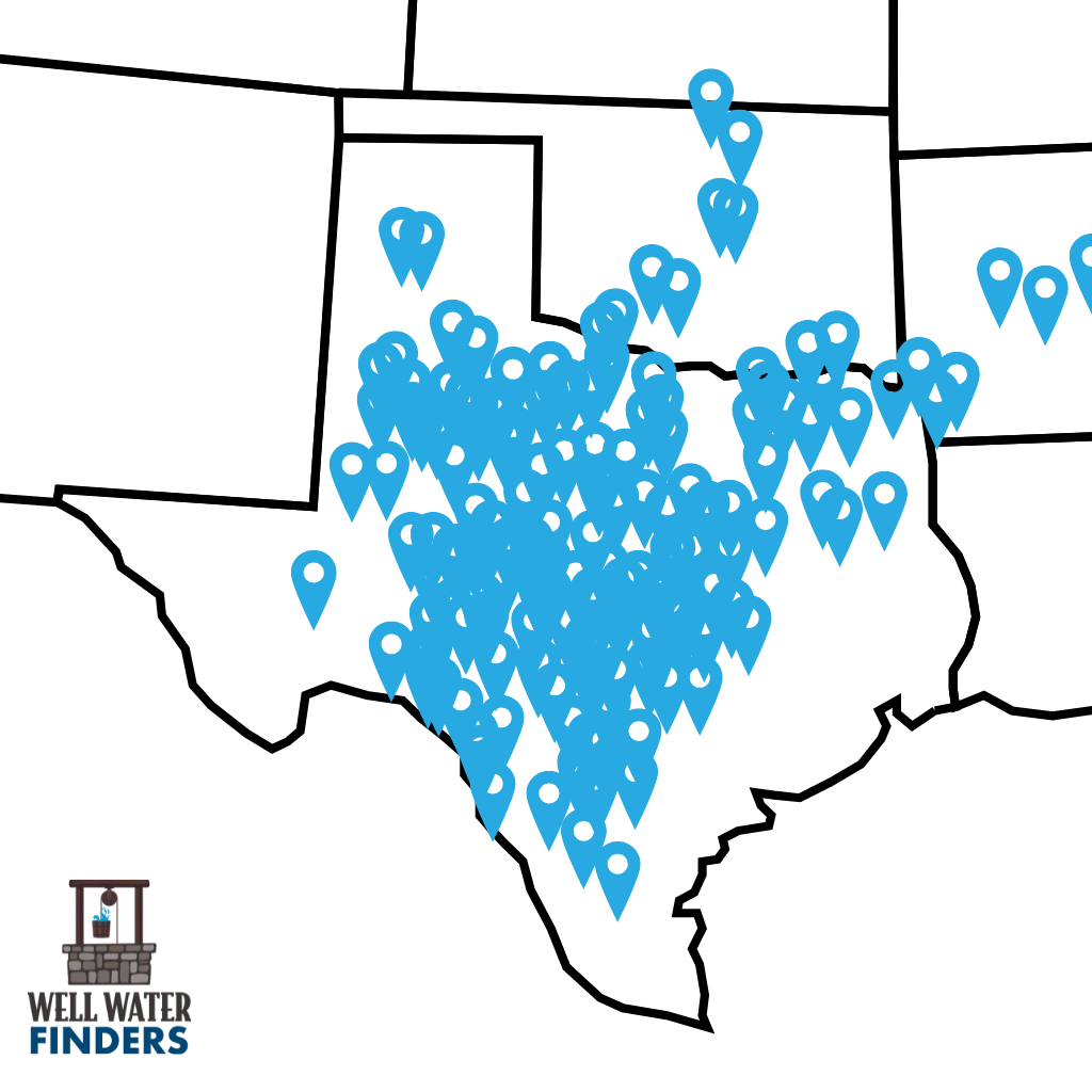 Map showing Well Water Finders survey locations across Texas, Oklahoma and Arkansas showing customer reach.