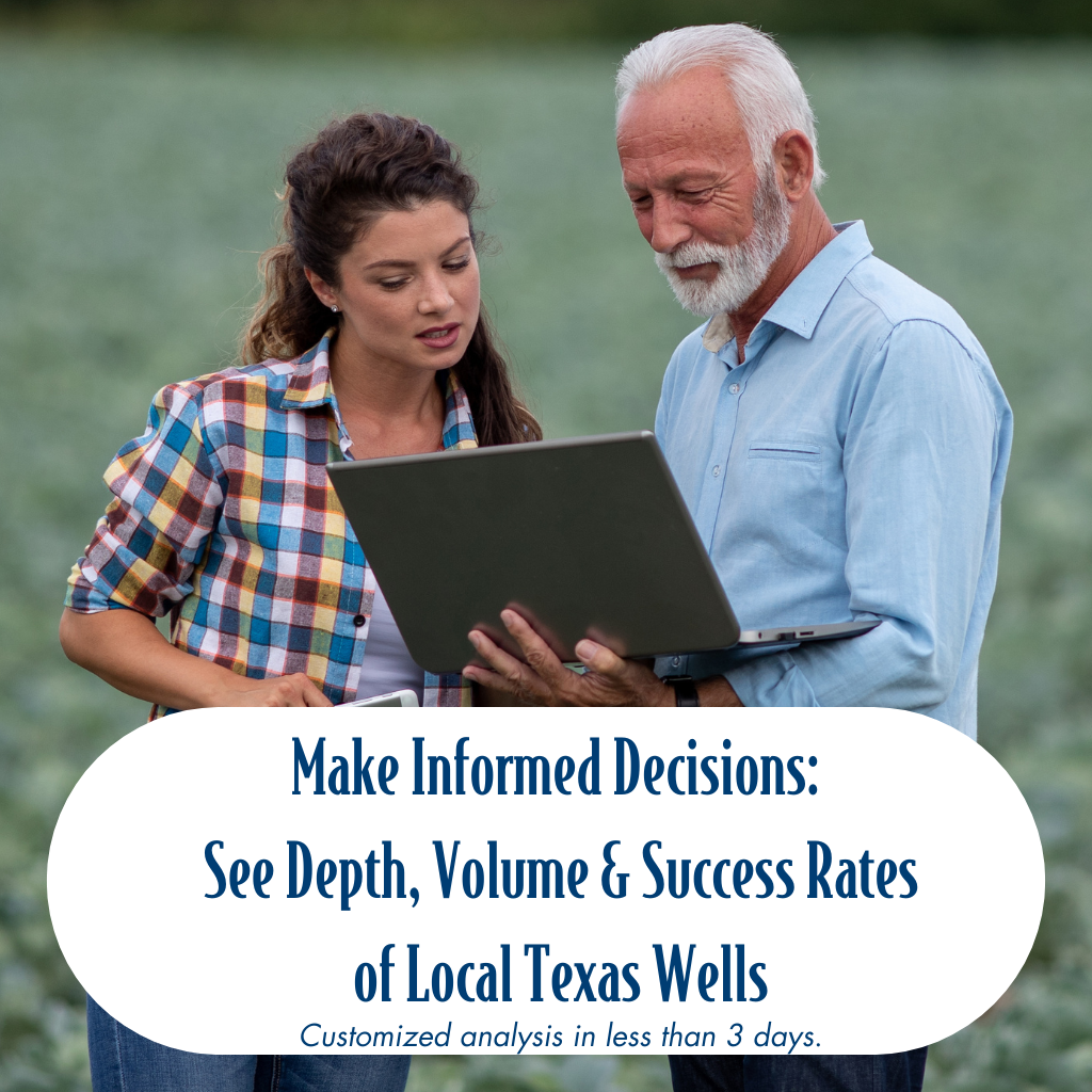 Two Texas landowners reviewing the Local Water Well Success Report on a laptop to make informed groundwater decisions