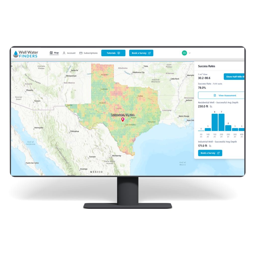 Computer monitor displaying a map of Texas with groundwater data analytics on a white background
