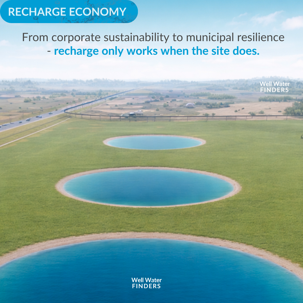 Conceptual image of aquifer recharge ponds on farmland illustrating landowners creating recharge zones as part of a water stewardship model