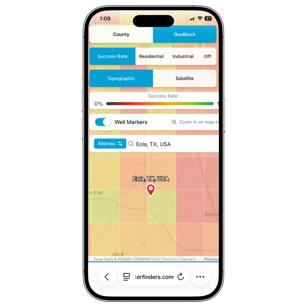 Texas Well Water Map on a mobile phone with Address Search entered for Eola, Texas in Concho County, showing the surrounding 5 mi² geoblock heat map with a mix of success-rate colors across nearby blocks — the kind of regional read a driller uses to evaluate a rural property before booking.