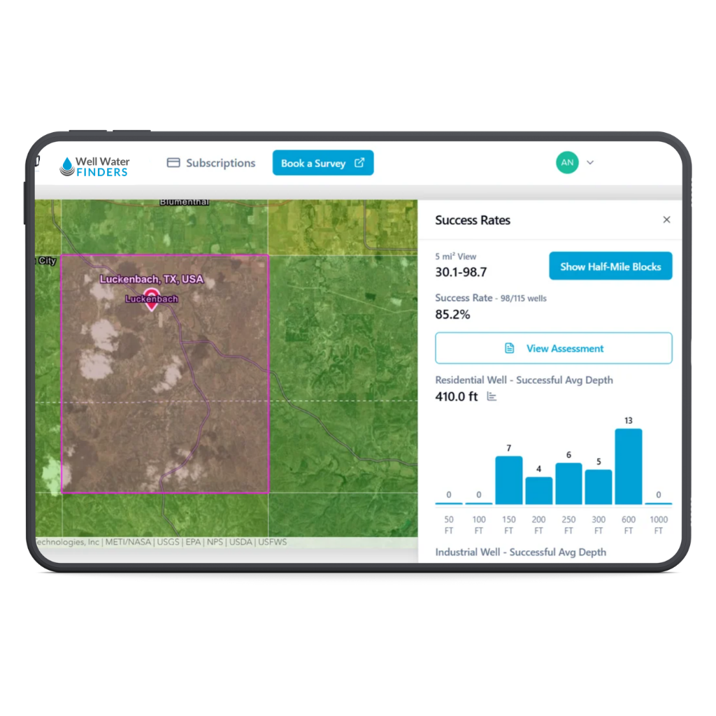 Texas Well Water Map tablet view showing a 5 mi² geoblock near Luckenbach with an 85.2% drilling success rate from 98 of 115 wells, 410 ft average successful residential well depth, and a histogram showing how depths are distributed across nearby drilled wells.