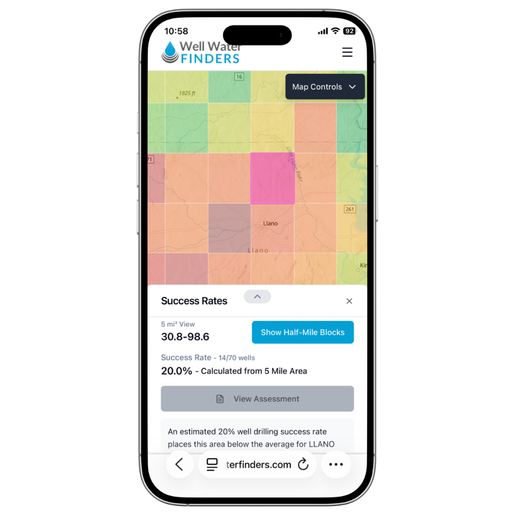 Texas Well Water Map on a mobile phone, showing a 5 mi² geoblock near Llano with a 20% drilling success rate from 14 of 70 wells — the kind of property-level read a groundwater conservation district representative can refer to before a meeting.