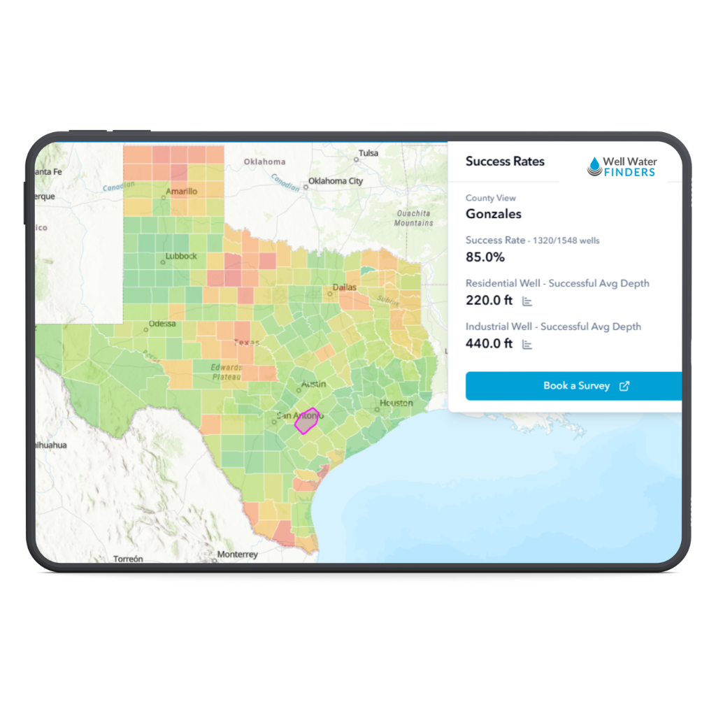 Well Water Finders county view map displaying Texas groundwater drilling success rates and average well depths