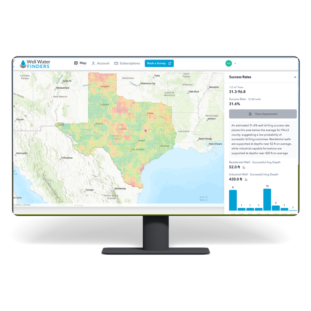 Well Water Finders groundwater intelligence map displaying Texas drilling success rates, aquifer depth data, and property-level groundwater assessment