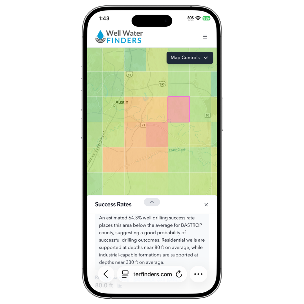 Well Water Finders mobile app displaying groundwater assessment with success rate, residential and industrial well depth insights