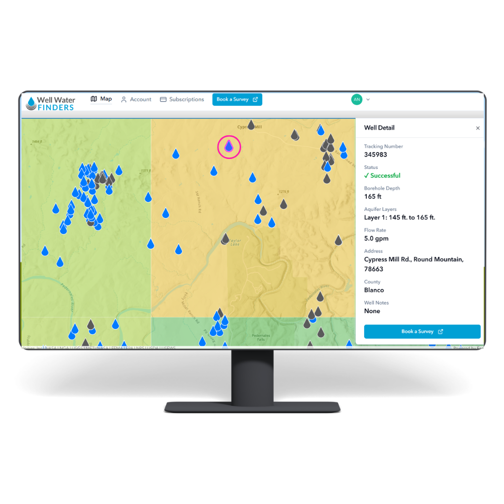 Well Water Finders map displaying property-level groundwater data including well depth, aquifer layers, and drilling success indicators