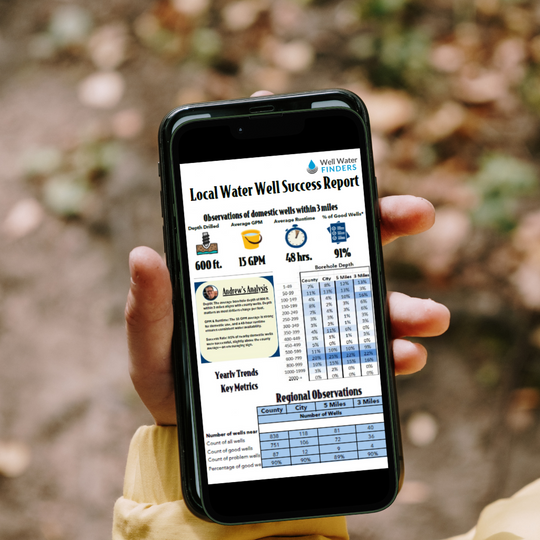 Mobile phone displaying Well Water Finders Local Water Well Success Report showing groundwater depth, GPM, runtime, and well performance data in Texas.
