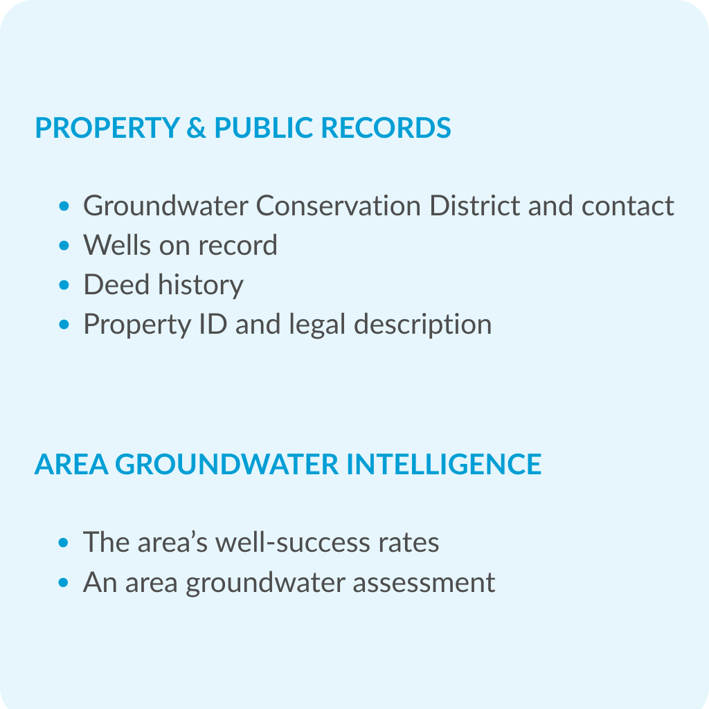 Texas Property Water Profile contents: Groundwater Conservation District, wells on record, deed history, and area well-success rates