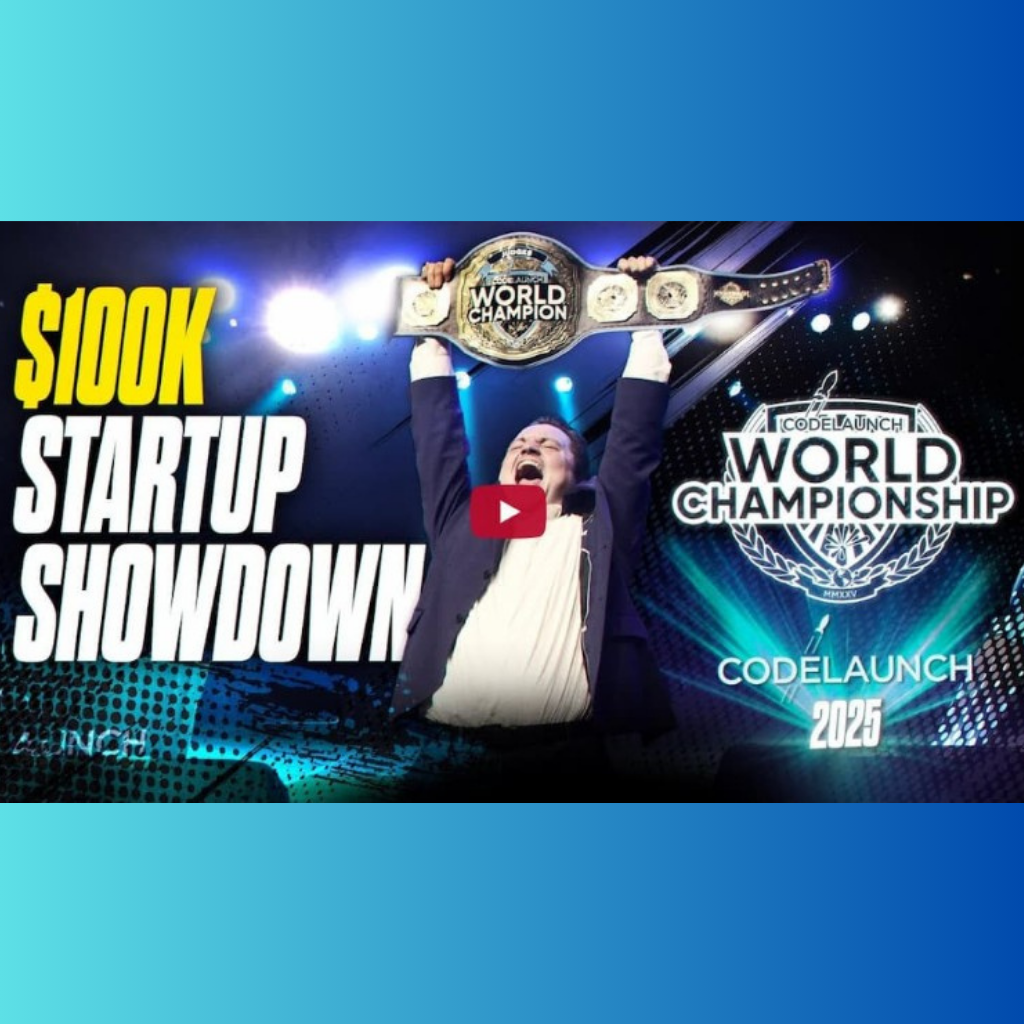 Man holding a championship belt with text about a $100k startup showdown and CodeLaunch 2025 event.