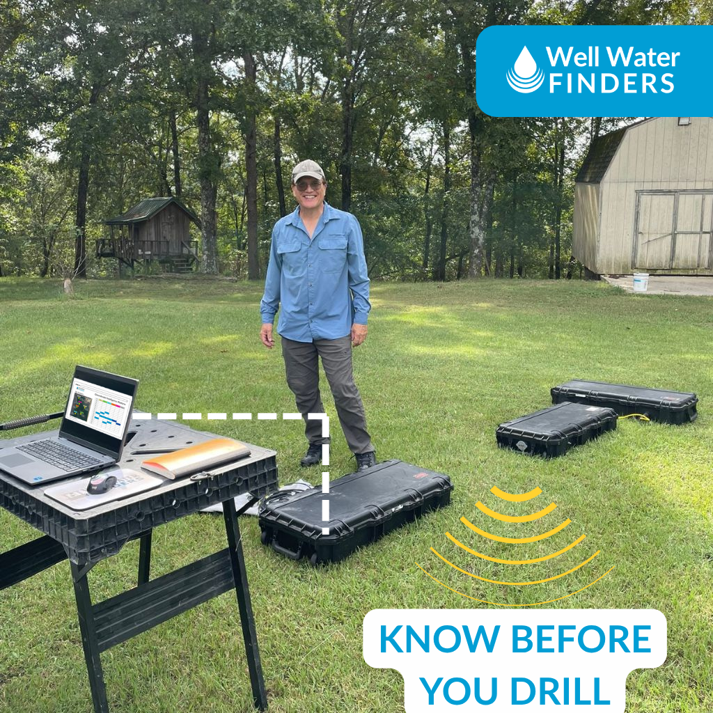 Andrew from Well Water Finders with survey equipment on a grassy property, helping a landowner confirm water availability before drilling.