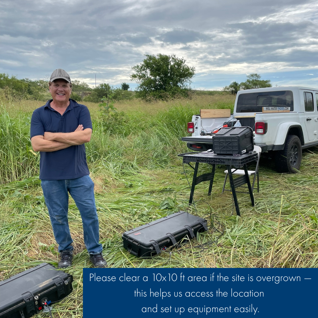 Groundwater survey setup behind a truck with Well Water Finders equipment, demonstrating the small 10x10 ft space needed and emphasizing the importance of site access on rural properties.