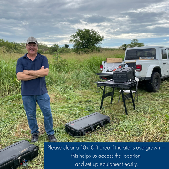 Groundwater survey setup behind a truck with Well Water Finders equipment, demonstrating the small 10x10 ft space needed and emphasizing the importance of site access on rural properties.