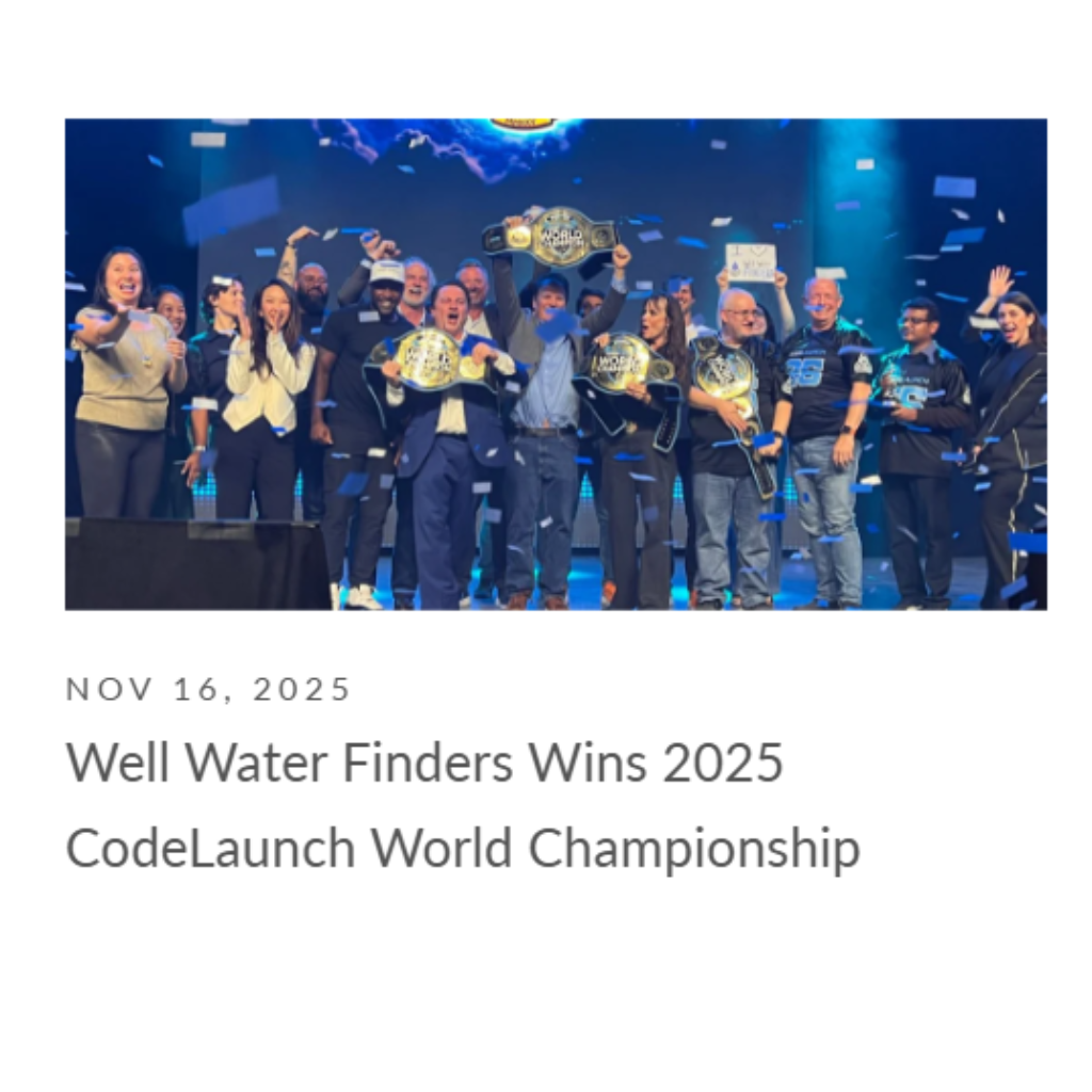 Team celebrating with trophies on a stage, text indicating 'Well Water Finders Wins 2025 CodeLaunch World Championship'.